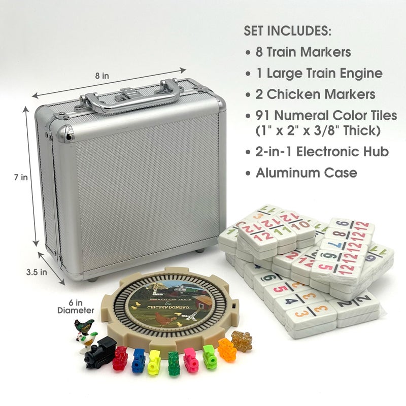 CHH Double 12 Numeral Pro Size Mexican Train & Chicken Domino Set â€“ Aluminum Carrying Case â€“ Complete Set with Plastic Hub, Train Markers, and Chicken Foot Markers - Image 3